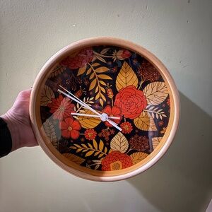 Society6 retro Vibrant Floral Wall Clock with Natural Frame